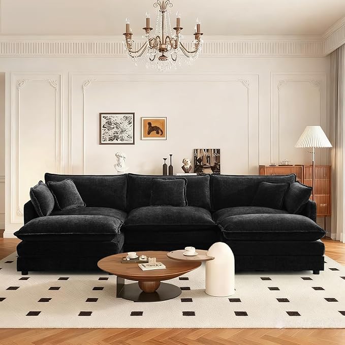 SoarFlash Chenille Sectional Sofa, Comfy L Shaped Modular Coush Sofa with Ottoman, Modern 3 Seat Couch Deep Seat Sofa Set for Living Room,Black