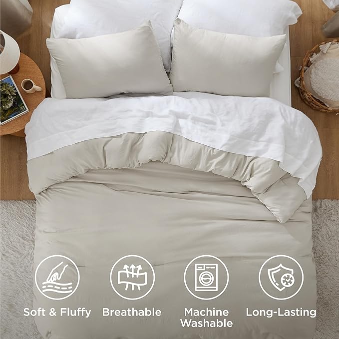 Bedsure Oversized Queen Size Comforter Set, Beige Soft Prewashed Bedding for All Seasons, 3 Pieces GentleSoft™ Down Alternative Bed Set, 1 Lightweight Comforter (98"x98") and 2 Pillowcases (20"x26")