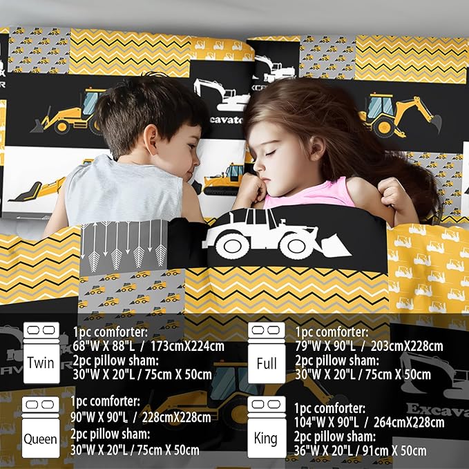 Construction Comforter Set Queen Boys,Yellow Queen Construction Bedding Set,Engineering Vehicles Comforter Yellow Bedroom Decor Kids,Truck Quilt Cartoon Truck Bedding for Teen