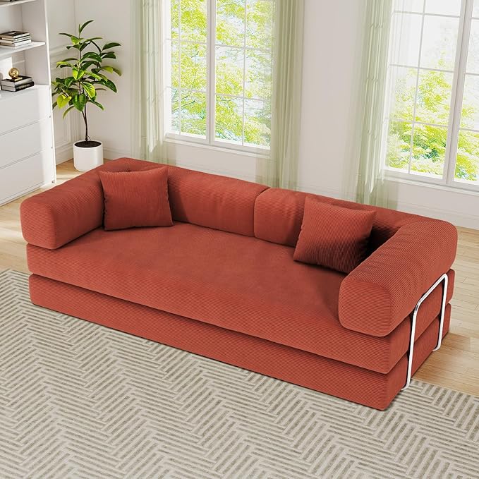 Antetek Convertible Futon Sofa Bed, 3-Seater Modern Corduroy Foam Floor King Size Bed Fold Out Sleeper Lounge Loveseat Sofa Couch with 2 Throw Pillows for Living Room Bedroom Guest Room, Tangerine