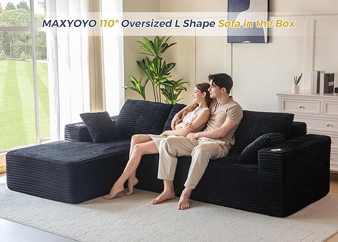 MAXYOYO 104" Modular Sectional Couch with L-Shape Chaise, Modern Boneless Couch for Living Room, Sofa in A Box, Oversized Sofa Sleeper with Deep Seat, No Assembly Required, Black