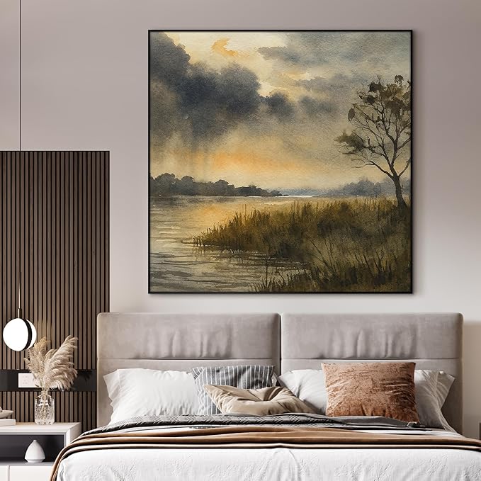 36"x36" Large Framed Wall Art - Golden Dusk River Landscape Watercolor Nature Scene (Frame Assembly Required)