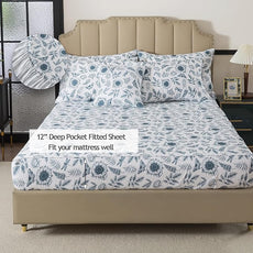 FADFAY Butterfly Sheets Set Twin XL Blue and White Sunflower College Bedding Rustic Rose Botanical Dorm Sheets Vintage Leaves Bedding 100% Cotton Sets with Deep Pocket Fitted Sheet 4Pcs, Twin XL Size