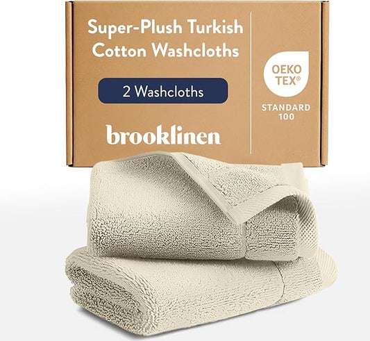 Brooklinen Super-Plush Turkish Cotton Washcloths - Set of 2 - Cotton, 820 GSM, Highly Absorbent, Machine Washable, Perfect for Home & Bathroom (13" x 13", Stone)