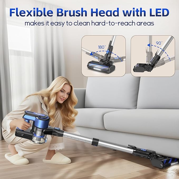 Cordless Vacuum Cleaner for Home, 45Kpa Lightweight Stick Vacuum with Powerful Suction, Rechargeable Battery Up to 50mins, Handheld Vacuum Cleaners for Carpets, Pet Hair, Hardwood Floors -Dark Blue