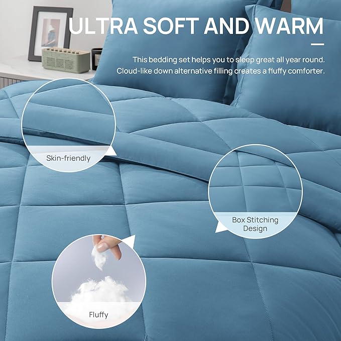 Love's cabin Full Comforter Set Misty Blue, 7 Pieces Full Bed in a Bag, All Season Bedding Sets with 1 Comforter, 1 Flat Sheet, 1 Fitted Sheet, 2 Pillowcase and 2 Pillow Sham