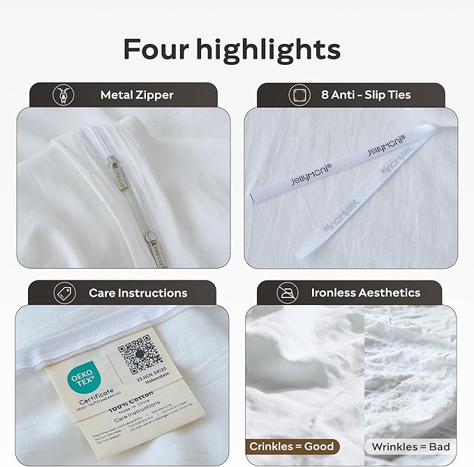 JELLYMONI Cotton Duvet Cover Twin Size - 100% Washed Cotton Linen Like Textured Comforter Cover, 2 Pieces Breathable Soft Bedding Set with Zipper Closure (Off White, Twin 68"x90")