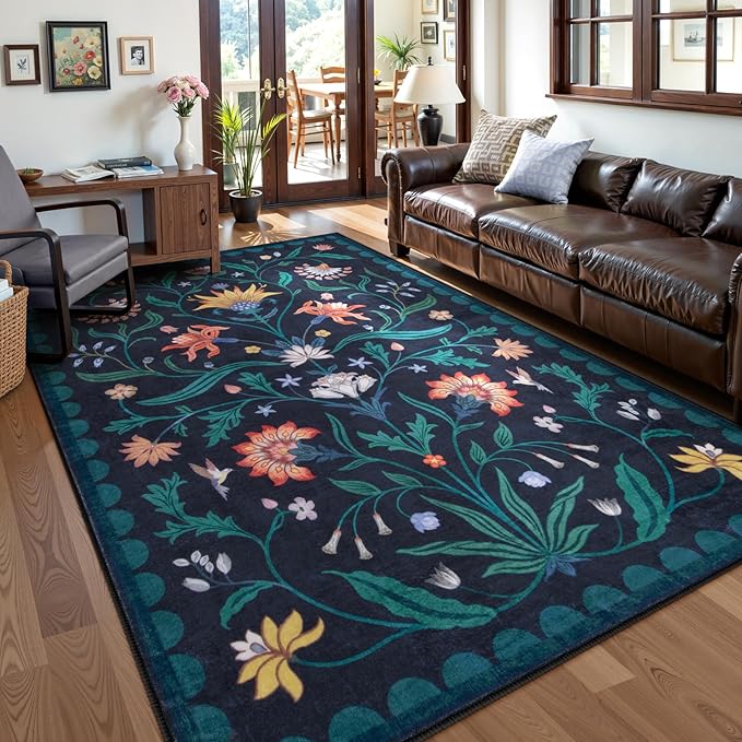 Lahome Boho Floral Washable Dark Blue 6x9 Area Rugs for Living Room, Non Slip Rugs for Bedroom, Indoor Throw Dining Room Carpet for Under Table Home Office Playroom (Dark Blue,6x9ft)