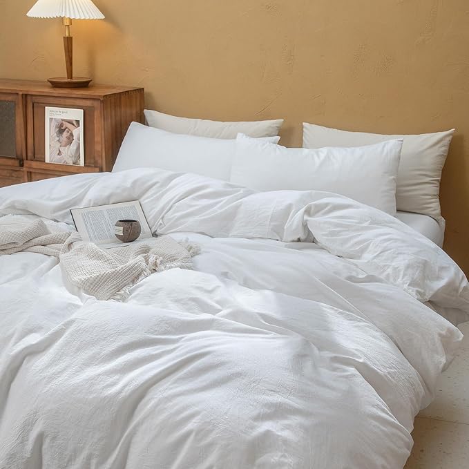 FOSSA Duvet Cover Set 100% Washed Cotton Linen Feel Super Soft Breathable Cozy 3 Pieces Bedding Sets Solid Bright White Queen