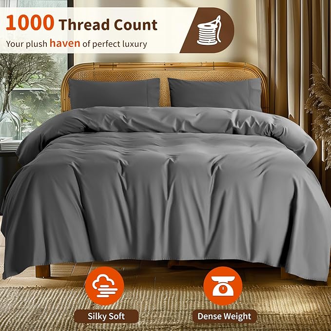 LBRO2M 1000 Thread Count 100% Cotton Sheets Set,Queen Size Bed Sheet 4 Piece Sets,Long Staple,16 Inches Deep Pocket,All Season,Bedding Super Soft Comforterble Breathable,Sateen (Dark Grey)