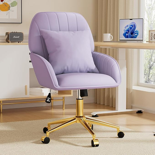 Home Office Desk Chair Comfy with Adjustable Swivel Wheels, Modern Velvet Makeup Vanity Chair with Back & Pillow, Ergonomic Office Chair Computer Task Chair for Living Room, Bedroom, Purple