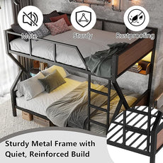 Queen over Queen Bunk Bed with Storage Shelves, Metal Bunk Beds with Ladders and LED Lights, Heavy-duty Bunkbed for Bedrooms, Guest Rooms and Dorms, No Box Spring Needed and Noise-free Design, Black