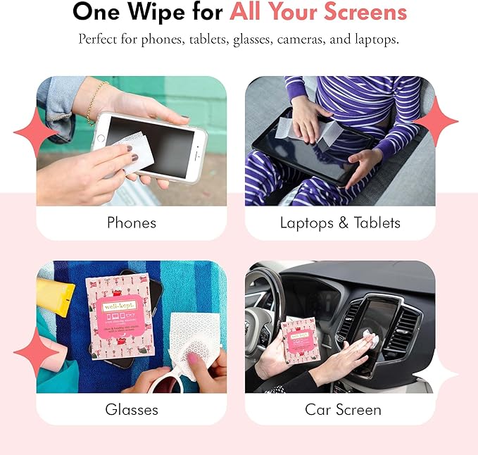 Well-Kept Tech & Lens Wipes - Eyeglass, Screen & Phone Cleaning, Multi-Surface, Lint-Free, Pre Moistened, Streak-Free & Non Scratching - Choupette, 6 Pack (90 Count)