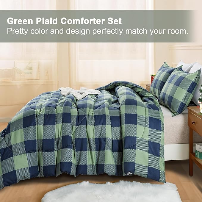 Andency Green Plaid Comforter King(104x90Inch), 3 Pieces (1 Comforter, 2 Pillowcases) Buffalo Checkered Gingham Bed Set, Soft Geometric Bedding for Boys
