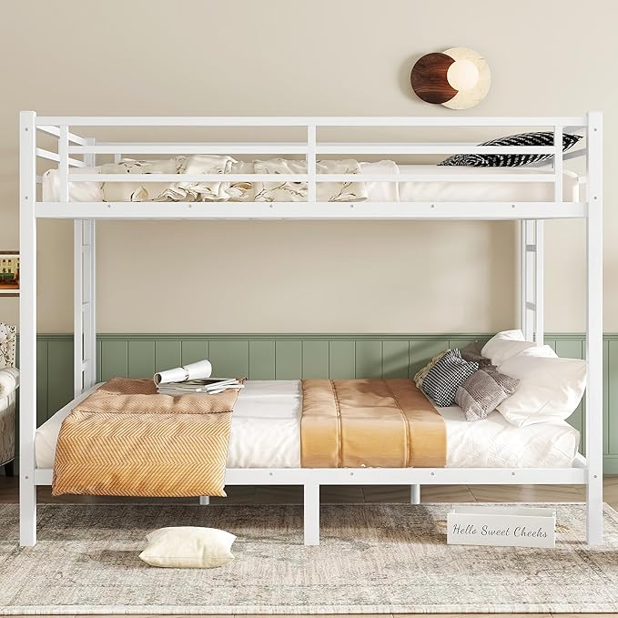 Queen Over Queen Metal Bunk Bed, Heavy Duty Bunk Bed with 2 Ladders, Space Saving Bed for Teens and Adults. Bunk Beds with Full Length Guardrail, White