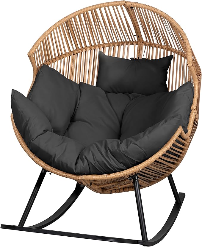 Vongrasig Comfy Wicker Rocking Egg Chair, Soft Thick Cushion Rattan Lounge Chair, High Capacity Steel Frame, Reading Chair for Living Room, Bedroom, Dorm Rooms (Black)