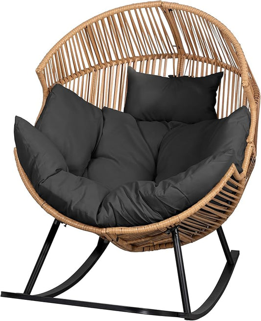 Vongrasig Comfy Wicker Rocking Egg Chair, Soft Thick Cushion Rattan Lounge Chair, High Capacity Steel Frame, Reading Chair for Living Room, Bedroom, Dorm Rooms (Black)