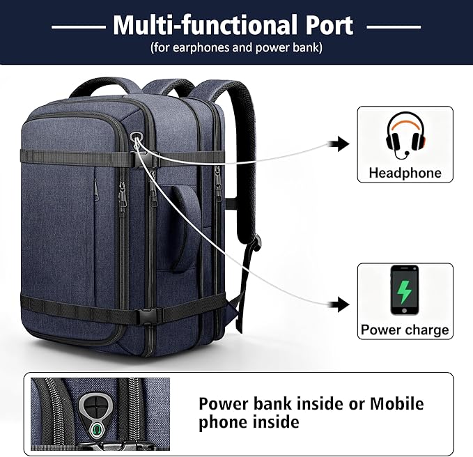 Carry On Backpack,50–60L Expandable Large Capacity Travel Backpack with Cable Access Port Fits 18.4 Inch Laptop, Water Resistant Airline Travel Backpack for Men College Hiking Work Commuting, Blue