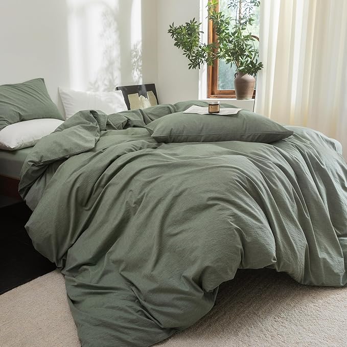 FOSSA Duvet Cover Set 100% Washed Cotton Linen Feel Super Soft Breathable Cozy Simple Style 3 Pieces Bedding Sets Solid Heathered Green Full/Double