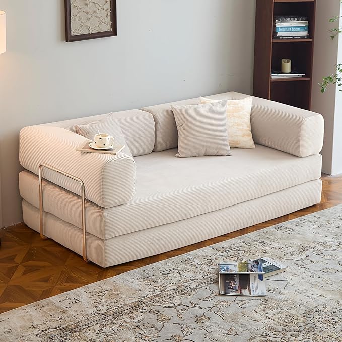 78.8" Convertible Sofa Bed -Compression Sofa with Corduroy Fabric - with Armrests and Backrest - Modular Sectional for Living Room, Bedroom, Studio - Compression Sofa in Box (Beige)