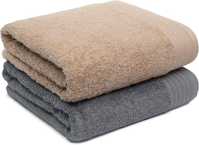 100% Cotton Towels 35" X 70" | Dark Grey & Sand Towels Set of 2 Ultra Soft and Highly Absorbent Bath Towel Set Cotton, Gym, Hotel, Spa, Machine Washable