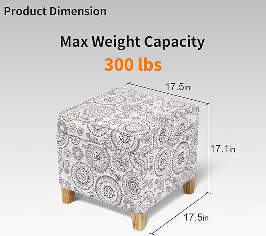 Adeco 17" Square Ottoman with Storage, Small Mandala-Persian Flower Pattern Storage Ottoman Foot Rest with Hinged Lid & Solid Wood Legs, Linen Fabric Foot Stool for Living Room & Bedroom