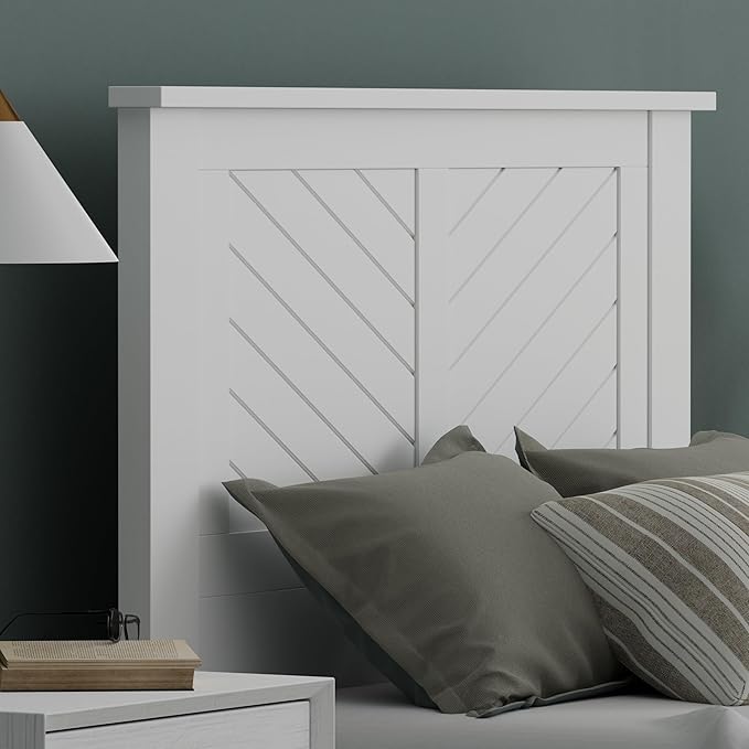 Serene Poplar Wood Twin Size Headboard in White, Modern Farmhouse Panel with Chevron Scoring, Casual Coastal Style, Easy Assembly, Quality Materials