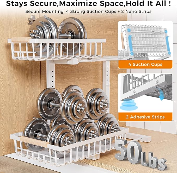 Under Sink Organizer,2 Pack Under Kitchen Sink Organizer,2 Tier Sliding-Out,5 Level Height Adjustable,Thickened Carbon Steel,Anti-rust Treatment,For Kitchen Bathroom White