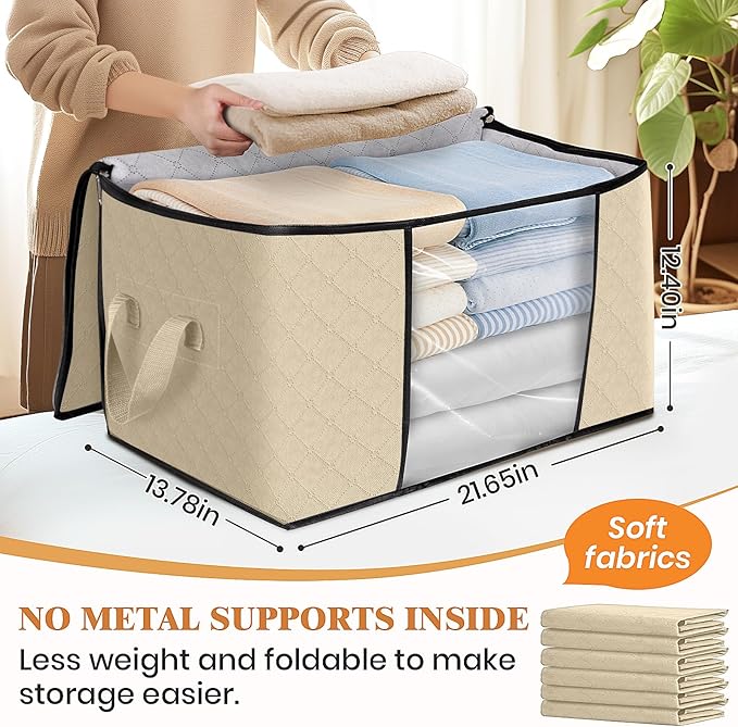 Fab totes 4 Pack Clothes Storage, Foldable Thick Fabric Blanket Storage Bags, Containers for Organizing Bedroom, Closet, Clothing, Comforter, Organization with Handle,Beige