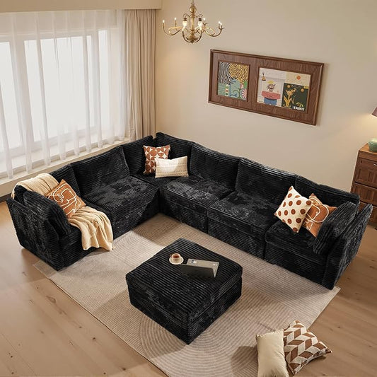 Large 7 Seat Modular Sectional Sofa with Ottoman Seat Corduroy Sleeper Sectional Sofa Bed Oversized Convertible Modular Couch for Living Room
