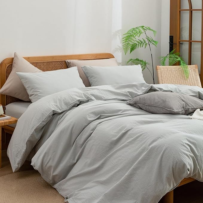BESTOUCH Duvet Cover Set 100% Washed Cotton Linen Feel Super Soft Comfortable Chic Lightweight 3 PCs Home Bedding Set Solid Northern Droplet Grey Queen