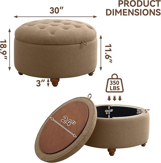 30Inch Round Storage Ottoman with Tray, Modern Tufted Fabric Circle Coffee Table with Storage, Upholstered Ottoman with Removable Top for Living Room, Bedroom, Brown