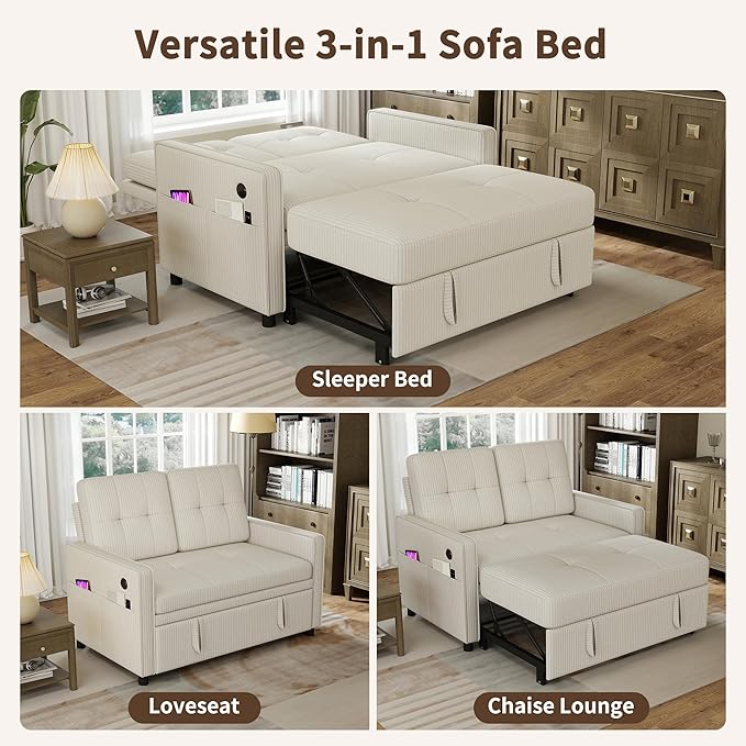 3 in 1 Convertible Sleeper Sofa Bed, Pull Out Couch with Charging Station, Corduroy Small Loveseat Sleeper Sofa with Adjustable Backrest for Apartment, Bedroom, Small Space（White）