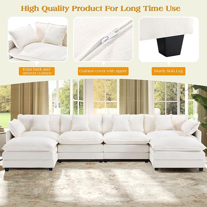 149.2" Modular Sectional Sofa,U Shaped Couch for Living Room,Modern Deep Seat Sofa 3 Seater Chenille Fabric Comfy Cloud Couches with Throw Pillows & Movable Ottoman