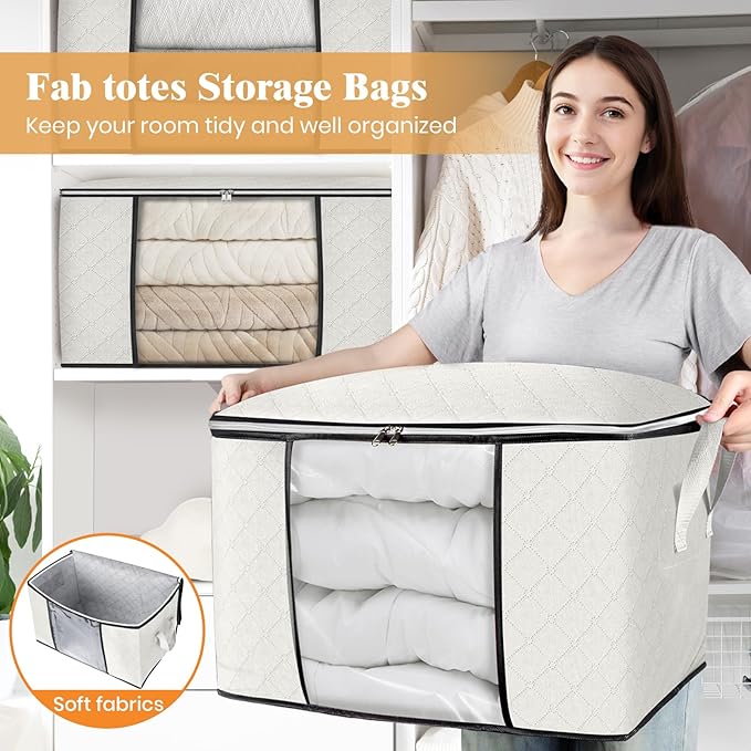 Fab totes 24 Gallons Clothes Storage, Foldable Thick Fabric Blanket Storage Bags, Containers for Organizing Bedroom, Closet, Clothing, Comforter, Organization with Handle (6 Pack,Ivory)