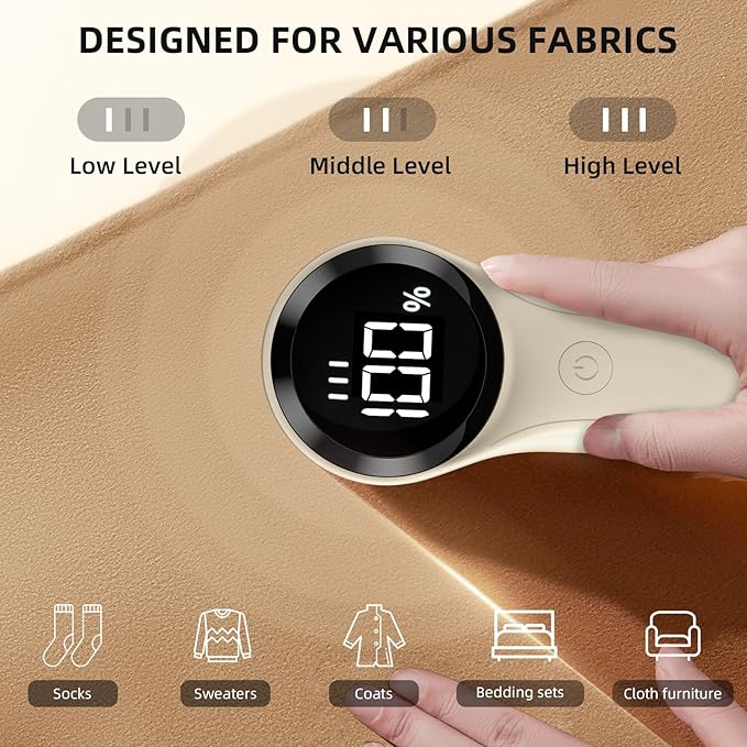 Fabric Shaver, Electric Lint Remover, Rechargeable Lint Shaver, Household Essentials for Clothes, Upholstery, Furniture, Sweater Defuzzer to Remove Pilling, Battery Operated, Beige
