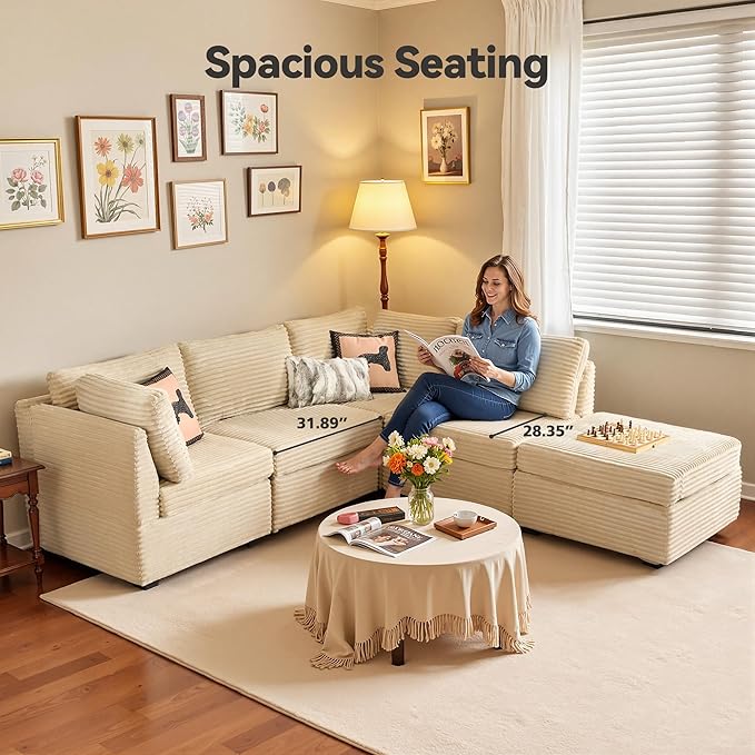 Modular Sectional Sofa, 130.7" L Shaped Couch Set for Living Room, 4-Seater Comfy Cloud Couches with Movable Ottoman, DIY Combination, Plush Corduroy, Beige