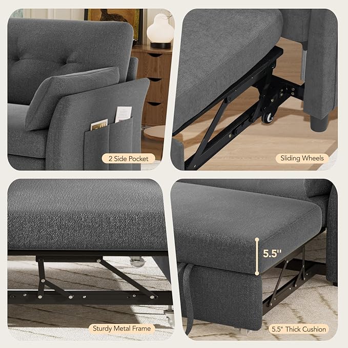 Vipbear Sleeper Sofa with Pull-Out Bed, 3-in-1 Convertible Sofa Bed, Loveseat with Reclining Backrest and Side Pocket for Living Room, Apartment, Tool-Free Assembly, Dark Grey
