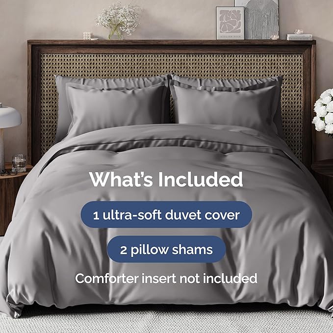 Duvet Cover Queen Size Set - Extra Soft Queen Size Duvet Cover 90 x 90 with 2 Pillow Shams - Hotel Luxury Easy Care and Fade Free w/Zipper Closures & Ties - Comfy Breathable Bedding Set (Dark Grey)