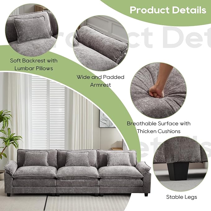 120" Modular Sectional Sofa, Comfy Cloud Couch Sectional Sofa, Chenille Sofa Sleeper Deep Seat Sofa with Throw Pillows for Living Room (Light Gray, 120"- 3 Seater)