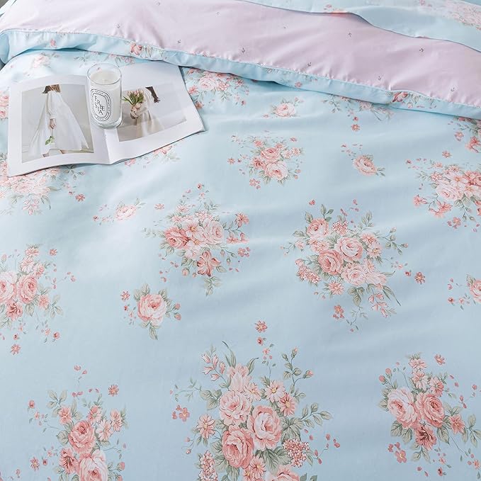 FADFAY Duvet Cover Set Full Blue Rose Floral Bedding Rustic Peony Flower Comforter Cover Set Vintage Farmhouse Bedding 100% Cotton Ultra Soft Quilt Cover with Hidden Zipper Closure 3Pcs, Full Size