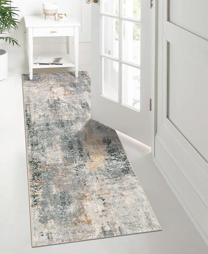 Lahome Modern Abstract Runner Rug - 2x7 Gray Soft Long Hallway Rug Runner Kitchen Mat, Non-Slip Machine Washable Indoor Throw Carpet Runner for Living Room Bathroom Sink Bedroom Entryway Sunroom