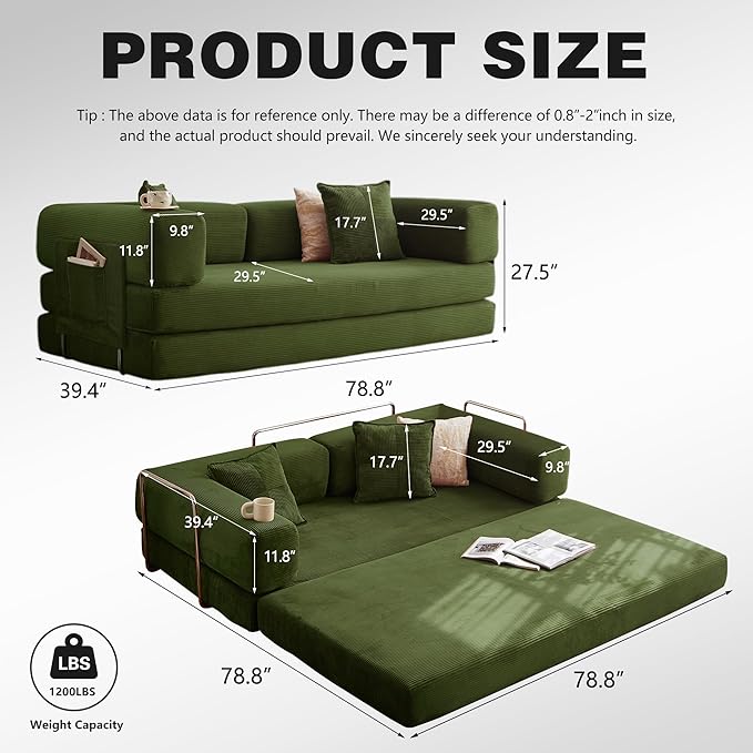 78.8" Convertible Sofa Bed -Compression Sofa with Corduroy Fabric - with Armrests and Backrest - Modular Sectional for Living Room, Bedroom, Studio - Compression Sofa in Box (Military Green)