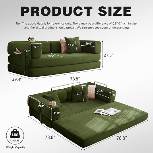 78.8" Convertible Sofa Bed -Compression Sofa with Corduroy Fabric - with Armrests and Backrest - Modular Sectional for Living Room, Bedroom, Studio - Compression Sofa in Box (Military Green)