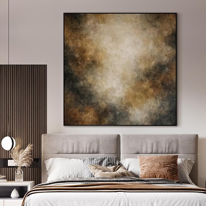 72"x72" XL Framed Wall Art - Neutral Abstract Brown and Beige Cloud-Like Painting Minimalist Foggy Forest Tranquil (Frame Assembly Required)