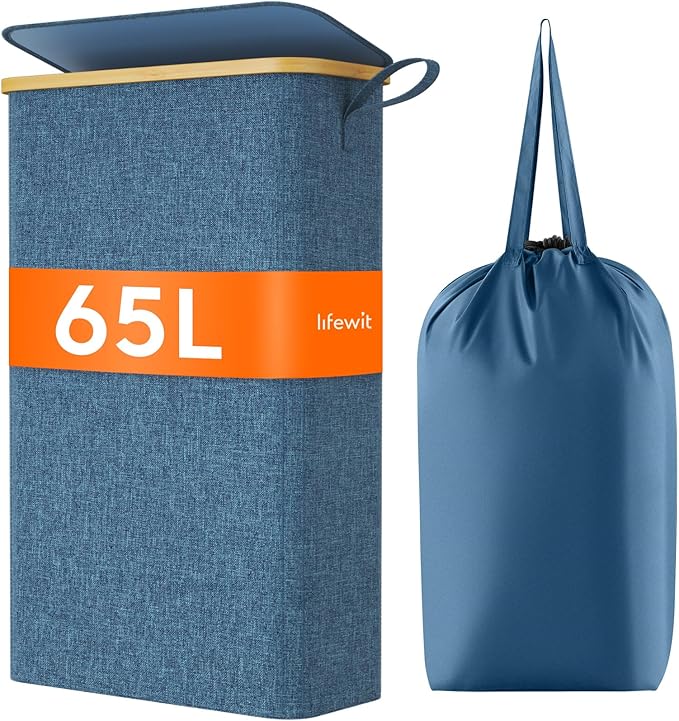 Lifewit 65L Slim Laundry Hamper with Lid, Narrow Laundry Basket with Removable Bag & Bamboo Handles, Fodable Thin Dirty Clothes Hamper for Laundry Collapsible Bin for Bathroom Bedroom Dorm, Dark Blue