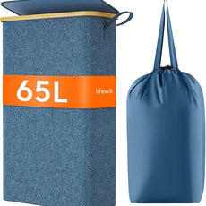 Lifewit 65L Slim Laundry Hamper with Lid, Narrow Laundry Basket with Removable Bag & Bamboo Handles, Fodable Thin Dirty Clothes Hamper for Laundry Collapsible Bin for Bathroom Bedroom Dorm, Dark Blue