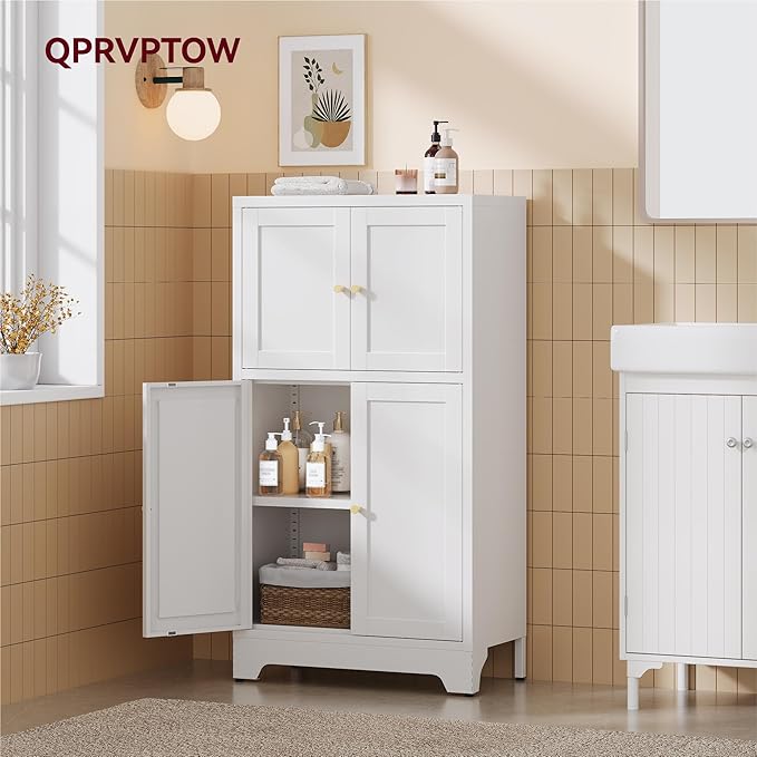 Bathroom Floor Storage Cabinet,Freestanding Bathroom Storage Cabinets,White Bathroom Cupboard,Metal Floor Cabinets,Small Cabinet with 2 Adjustable Shelves&4 Doors