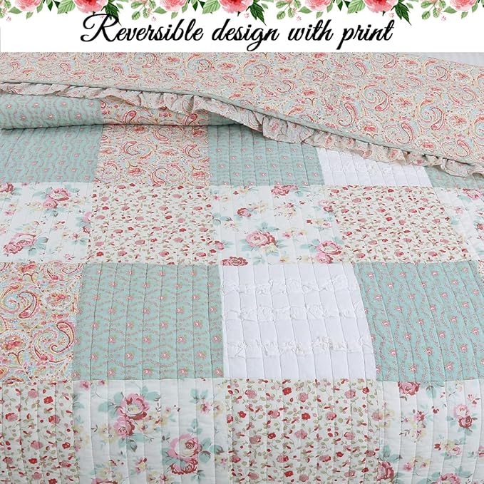 Cozy Line Home Fashions 100% Cotton Real Patchwork Floral Coral Pink Ruffled Shabby Chic Girly Reversible Quilt Bedding Set, Coverlet Bedspread (Sweet Roses, King - 3 Piece)