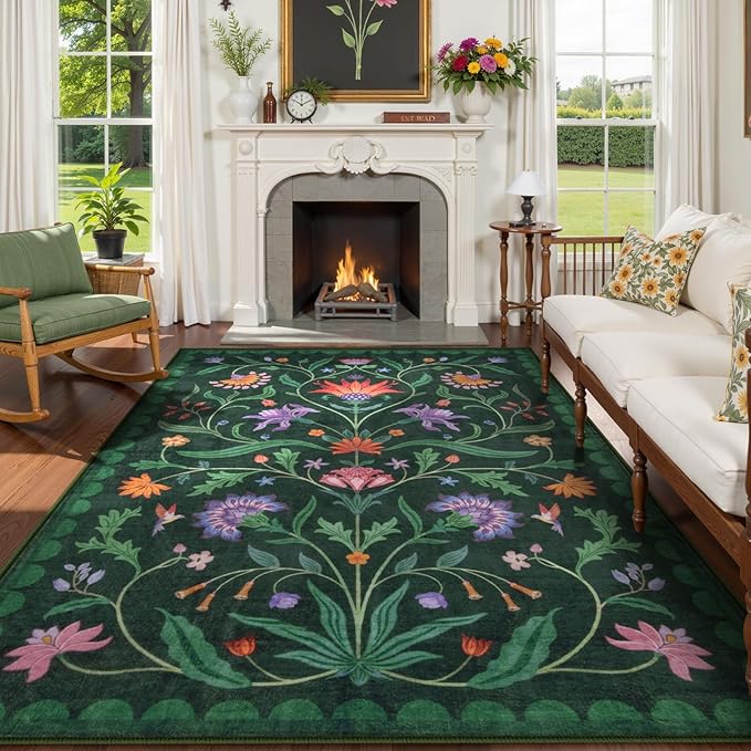 Lahome Boho Floral Washable Green 6x9 Area Rugs for Living Room, Non Slip Rugs for Bedroom, Indoor Throw Dining Room Carpet for Under Table Home Office Playroom (Forest Green,6x9ft)